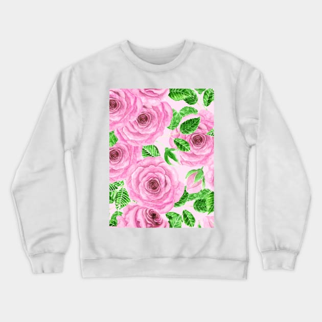 Pink watercolor roses with leaves and buds pattern Crewneck Sweatshirt by katerinamk